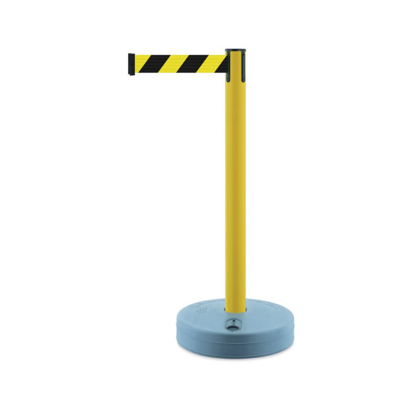 Tensabarrier 885 Retractable Belt Barrier with a yellow stanchion post and black & yellow chevron webbing.