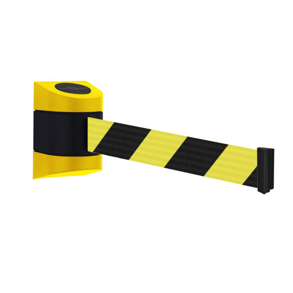 897 Retractable Wall Mounted Barrier, Available with Black or Black and Yellow Chevron or Caution Do Not Enter Webbing, 897-15-S-35-NO-D4X-C, Queueway, Tensator, Lawrence.