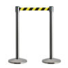 2 QueueWay Retractable Belt Barriers with polished chrome posts and black & yellow chevron belt