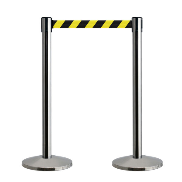 2 QueueWay Retractable Belt Barriers with polished chrome posts and black & yellow chevron belt
