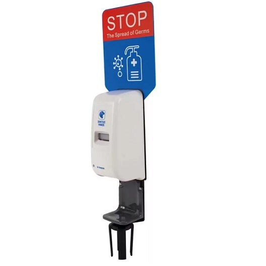 Stanchion Post Top Automatic Hand Sanitizer with Sign, 14254, Tensator, Queueway, Lawrence.